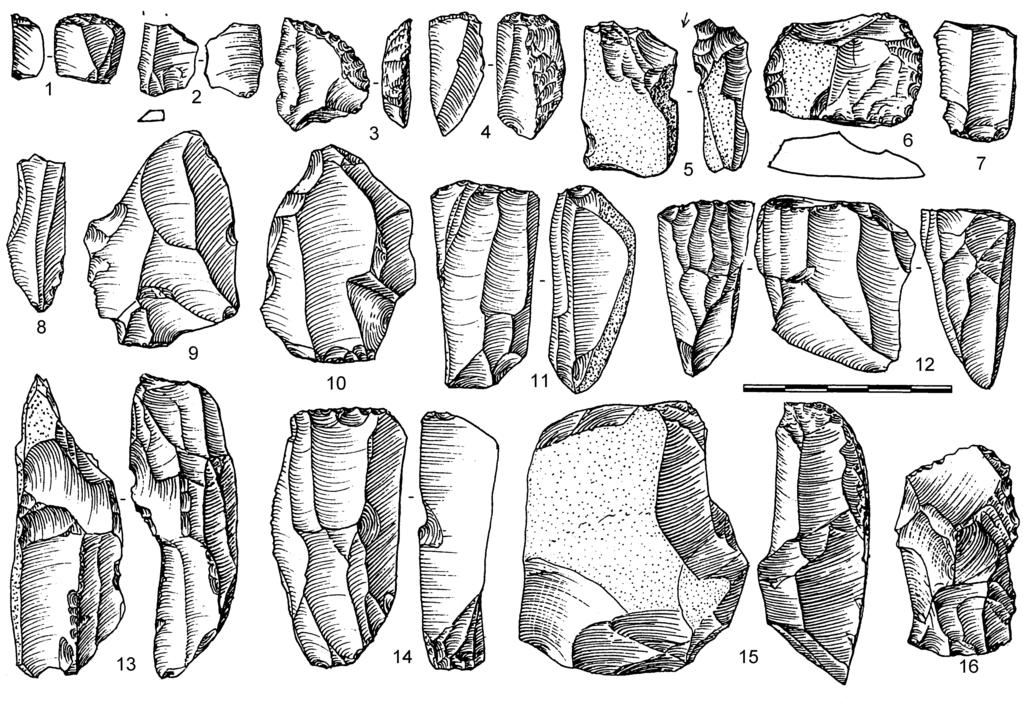 Zprávy o výzkumech za rok 2007: Paleolit a mezolit Obr. 13: Kunovice-V úzkých. Vybrané artefakty. Fig. 13: Kunovice-V úzkých. Selected artifacts. three artifact clusters were discovered (cf.