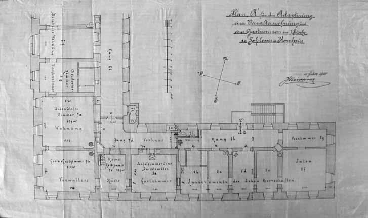 Vlevo byt správce, vpravo knížecí apartmá, plán z roku 1908 (SOA Třeboň, Josef Krippauer) místnosti, z nichž ta větší, čtvercová, byla přístupna i přímo z arkádové chodby, a sloužila tudíž nejspíše