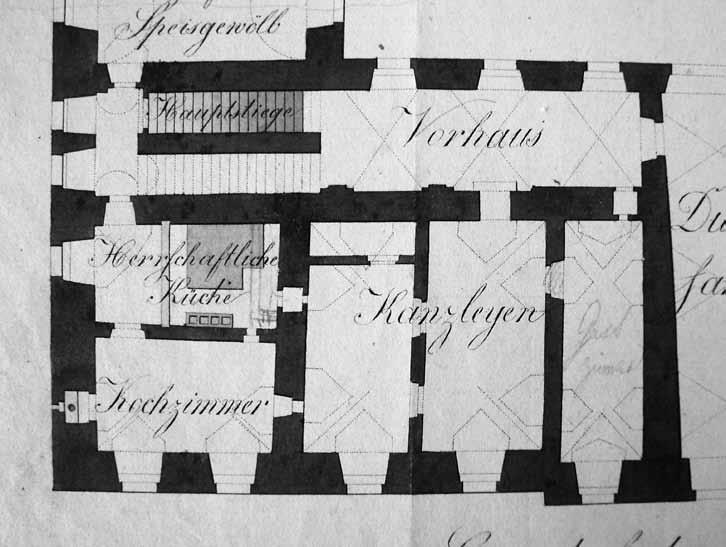 Kuchyň a kanceláře na plánu z roku1831(soa Třeboň, Václav Rulf) nější místo byl přesunut i výrazně zvětšený vstup, který byl nově opatřen rozměrnými, plechem pobitými jednokřídlými dveřmi.