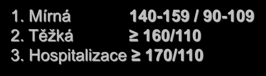 Arteriální hypertenze a těhotenství Systolický 140 mmhg a/nebo diastolický 90 mmhg Prevalence: těhotné 5-10 % 1. Mírná 140-159 / 90-109 2.