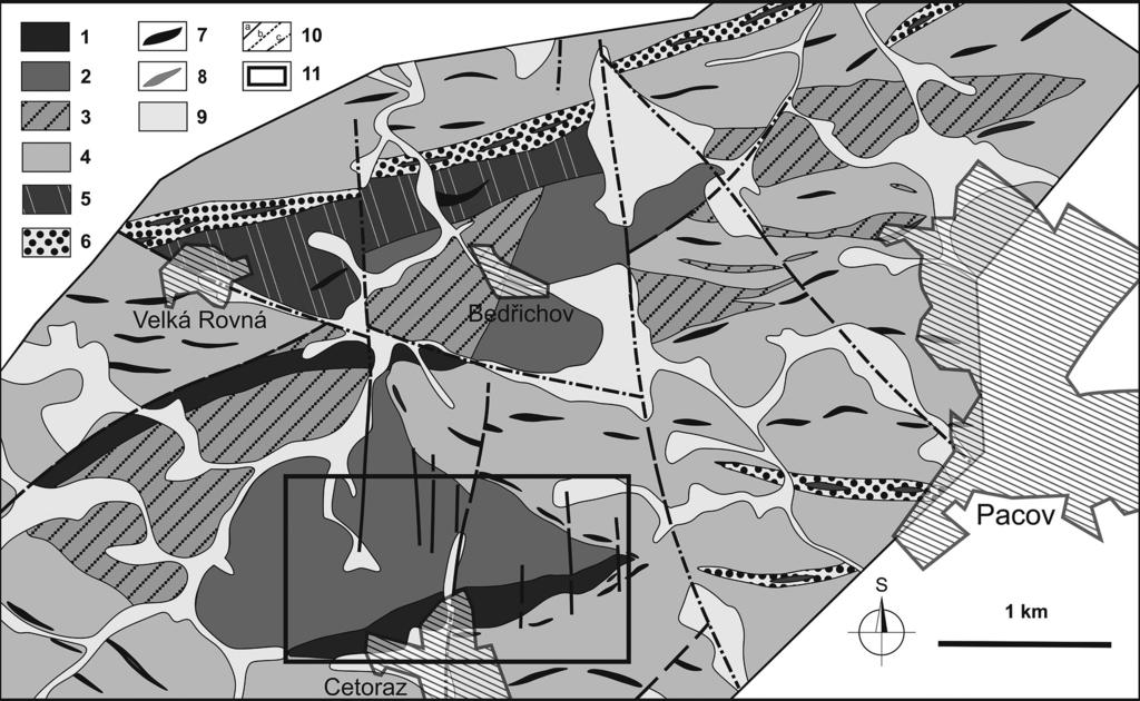 270 Bull. mineral.-petrolog. Odd. Nár. Muz. (Praha2, 2, 2014. ISSN 1211-0329 (print); 1804-6495 (online) Obr. 1 Geologická situace v okolí Cetoraze u Pacova, upraveno podle Páši (1979b).