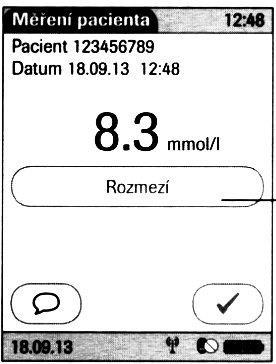 strana : 6 z 10 Po ukončení měření se zobrazí výsledek. nastavená rozmezí vyšetření. Stlačením políčka Rozmezí lze zobrazit Stlačte pro návrat na obrazovku Hlavní menu.