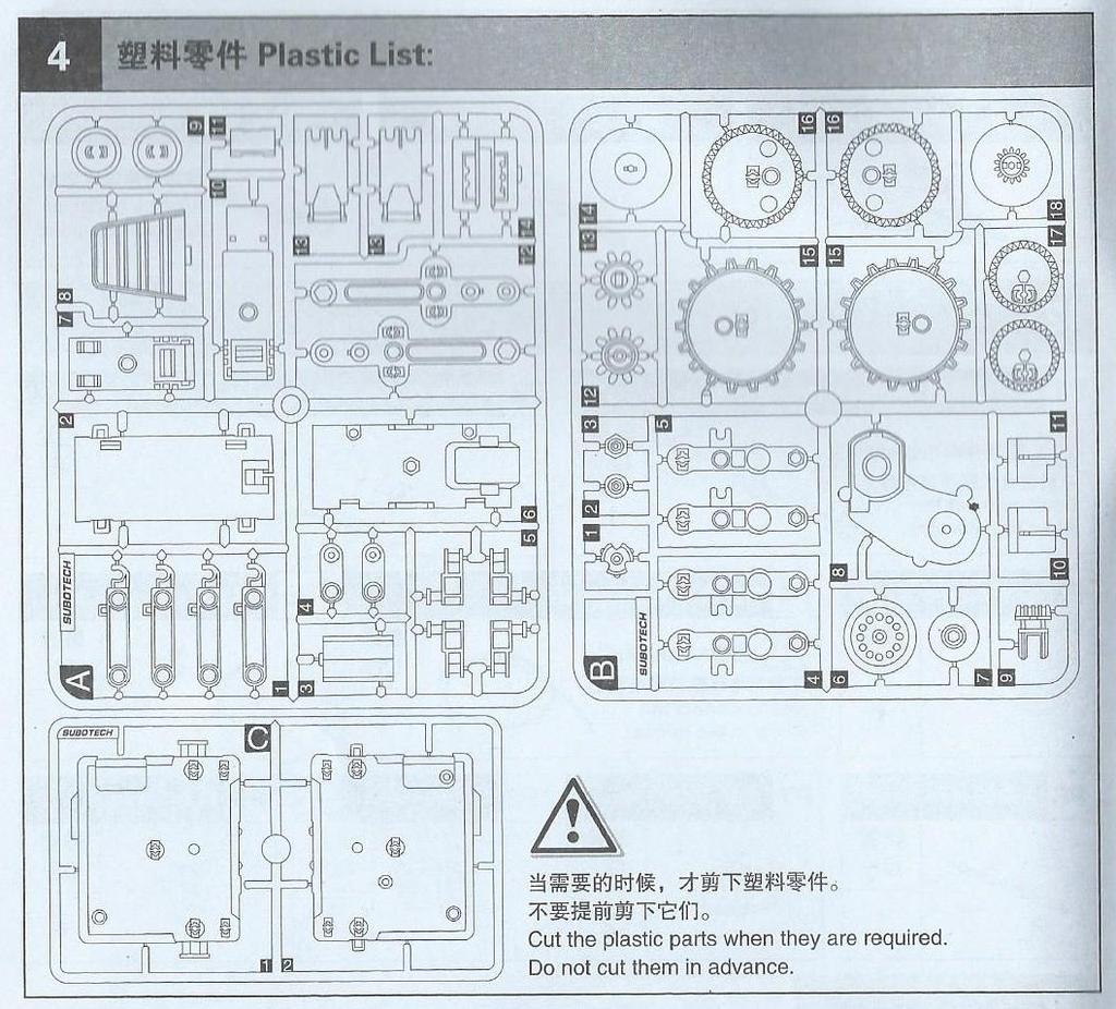 Plastic list- seznam plastových dílů Cut the plastic parts when they are required.