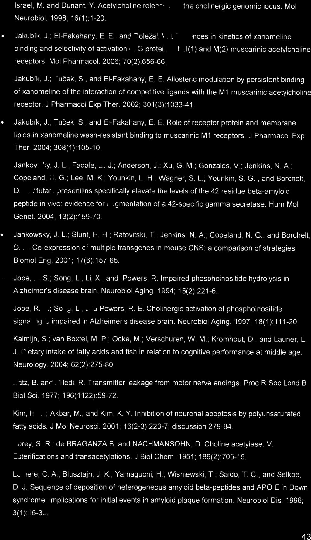 Israel, M. and Dunant, Y. Acetylcholine release and the cholinergic genomic locus. Mol Neurobiol. 1998; 16(1):1-20. Jakubík, J.; EI-Fakahany, E. E., and Doležal, V.