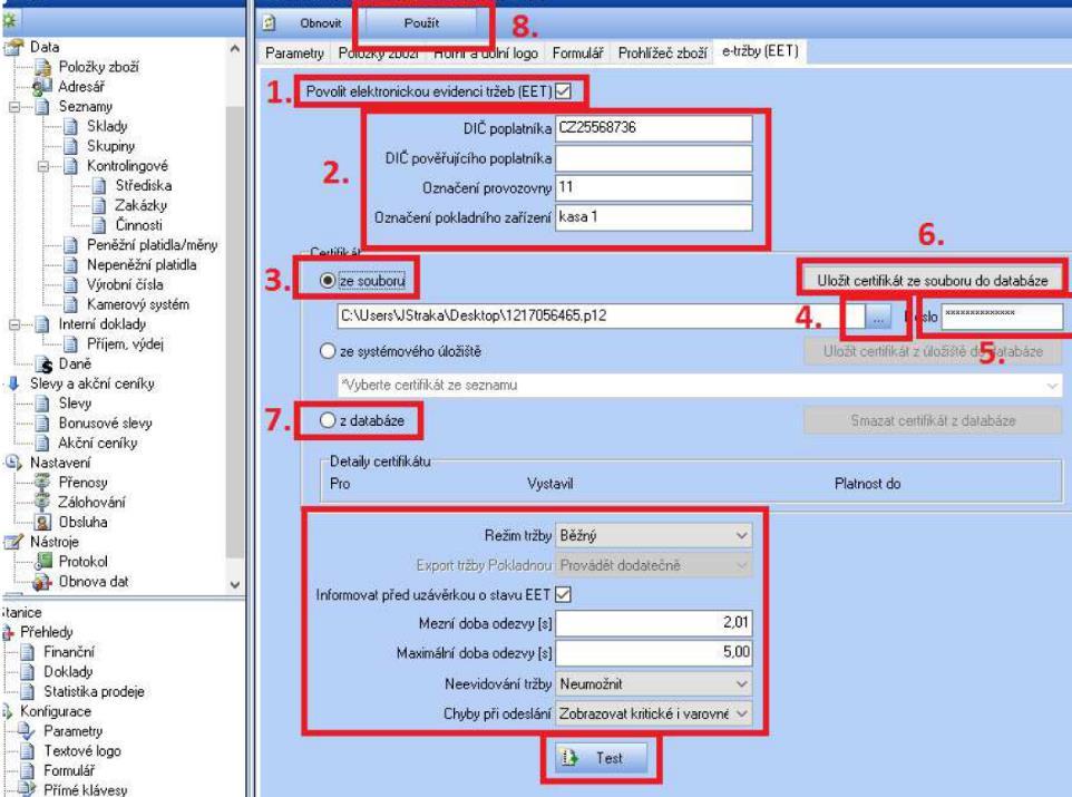 Návod na nastavení EET pro verzi Prodejny SQL 3.1R6 a vyšší Do zařízení (na kterém vystavujete účtenky) si stáhněte certifikát (soubor s příponou.p12 ), který jste obdrželi od Finanční správy.