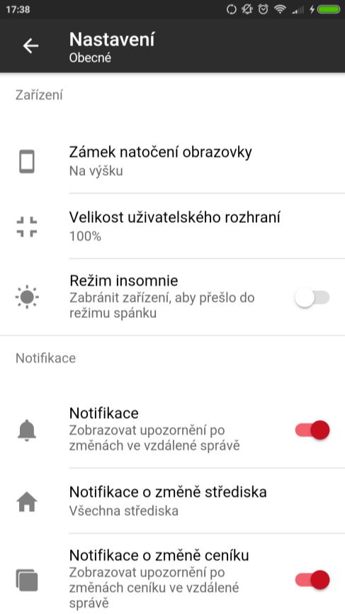 4 NASTAVENÍ Obecné Zámek natočení obrazovky Umožňuje uzamknout natočení obrazovky na výšku nebo na šířku. Velikost uživatelského rozhraní Zvětšuje grafické uživatelské prvky aplikace.