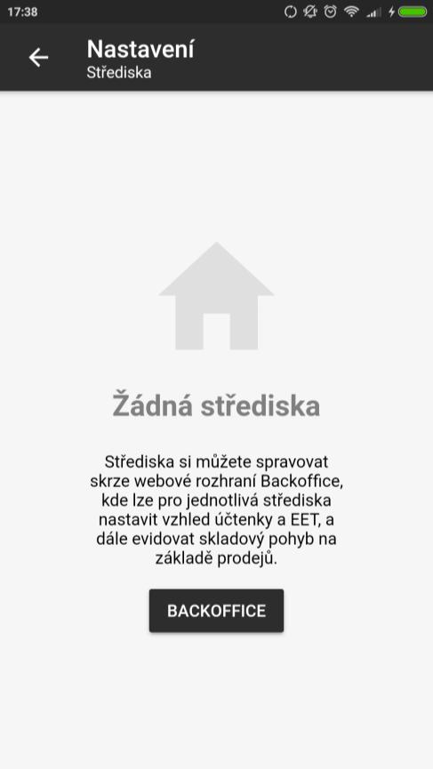 4 NASTAVENÍ Střediska Zobrazuje střediska, která jste si nastavili ve vzdálené správě. Po zvolení střediska dojde také ke stažení nastavení účtenky, EET a ceníků.