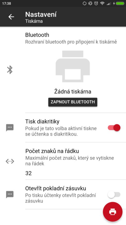 4 NASTAVENÍ Tiskárna Aktuálně podporujeme pouze tiskárny ESC/POS s rozhraním Bluetooth. Pro spárování tiskárny musíte mít zapnuté Bluetooth.