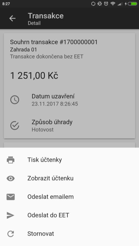 8 TRANSAKCE A UZÁVĚRKY Detail transakce 2/2 Tisk účtenky Tisk kopie účtenky. Zobrazit účtenku Zobrazí náhled účtenky. Odeslat emailem Odeslání účtenky emailem ve formátu pdf.