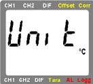 C Auto: 'Unit': Volba teplotních jednotek C / F * C: F: 'Corr': Volba korekčního faktoru * 'Offset': Posunutí nulového bodu kanálu