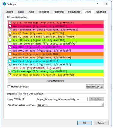 7 COLORs Systém barevného zvýraznění dovoluje zvýraznit uživatele LOTW. ARRL jednou týdně zveřejní jejich aktualizovaný seznam.