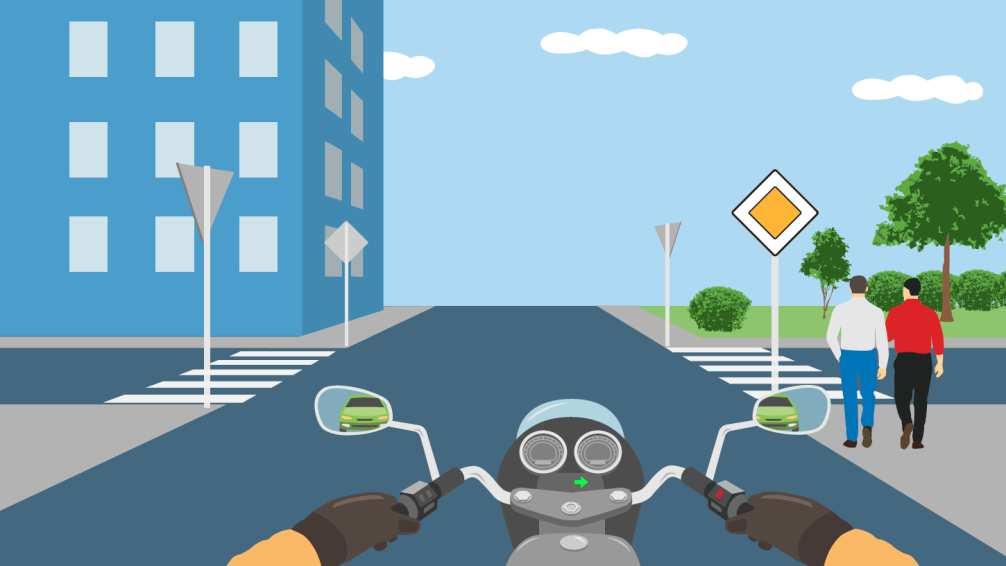 OBRÁZEK 10.SWF Otázka č. 11 V této dopravní situaci idič motocyklu: a) Musí sledovat chování chodců a vozidla za motocyklem.