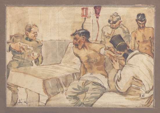 Ošetření raněných Dvě barevné karikatury (akvarel) na 1 desce znázorňující ošetření raněných vojenskými lékaři během 1.