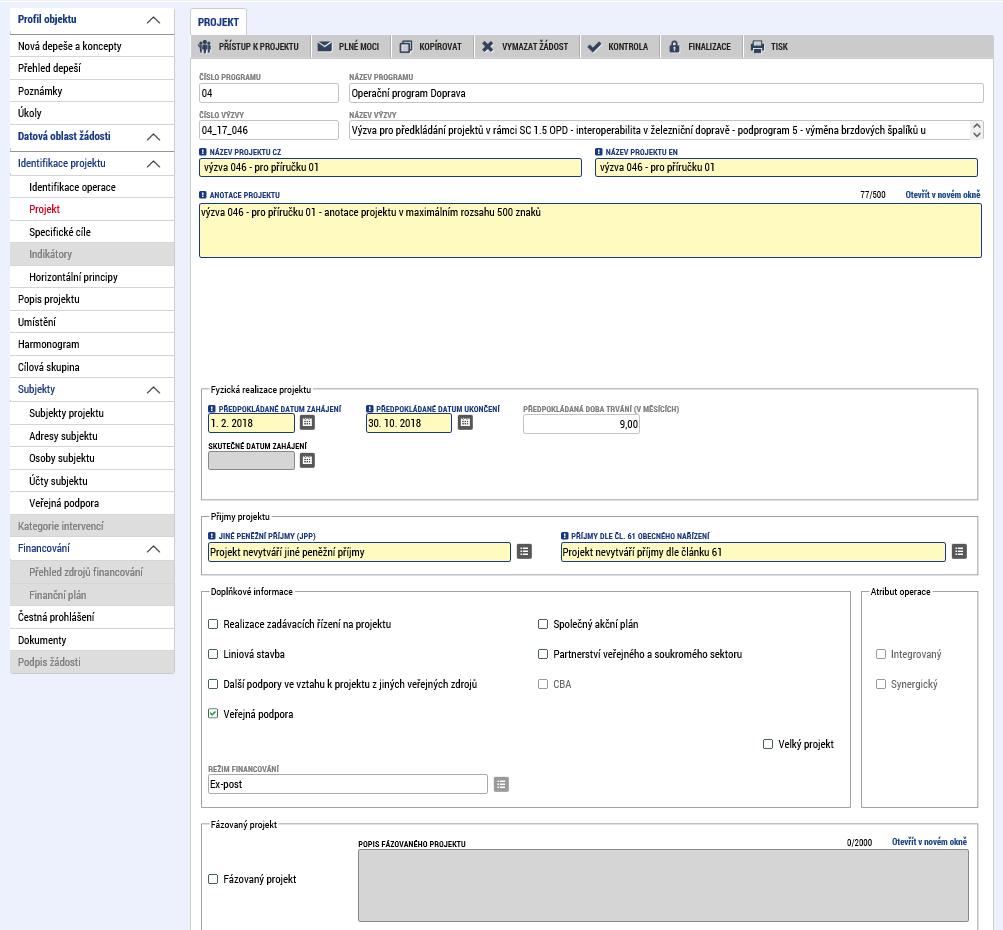 1. 3 Záložka Projekt Na záložce Projekt vyplňte a uložte povinné údaje: Název projektu CZ a Název projektu EN, Anotace projektu (vyplněný text v maximálním rozsahu 500 znaků se po uložení přenáší do