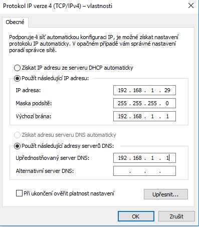 zde klikneme pravým tlačítkem myši na Ethernet a zvolíme Vlastnosti. Označíme položku Protokol IP verze 4 (TCP/IPv4) a zvolíme opět tlačítko Vlastnosti.