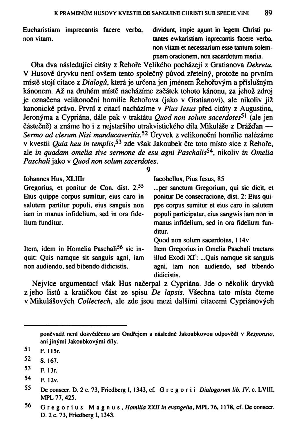 K PRAMENŮM HUSOVY KVESTIE DE SANGUINE CHRISTI SUB SPECIE VINI 89 Eucharistiam imprecantis facere verba, dividunt, impie agunt in legem Chrísti punon vitam.