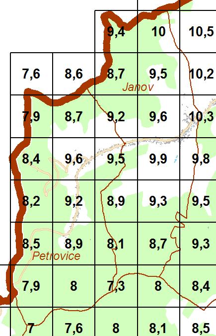 Obr. 5: Hodnoty imisního zatížení v dotčeném území (zdroj: ČHMÚ).