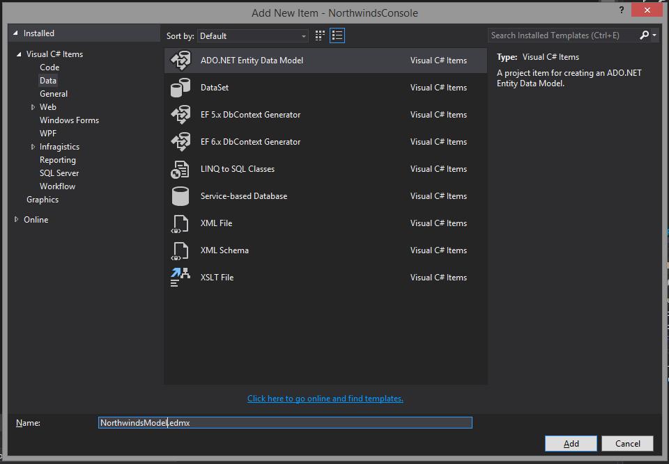 Obrázek 14 Vytvoření Entity Framework datového modelu 9. Protože budeme vytvářet model nad existující databází, zvolíme variantu Generate from Database.