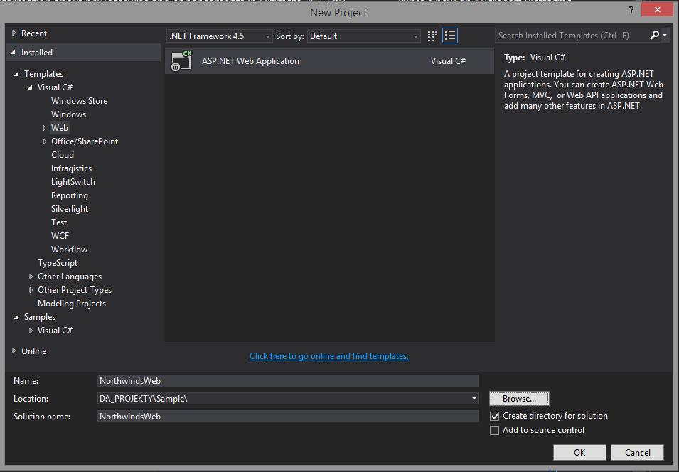 Obrázek 20 Vytvoření projektu webové aplikace v prostředí MS Visual Studio Jakmile