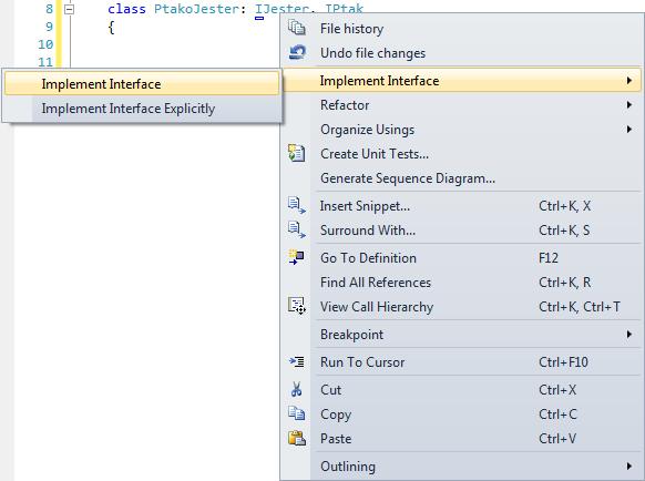 Obrázek 7 Implementace rozhraní v prostředí MS Visual Studio Po implementaci obou rozhraní vypadá kód