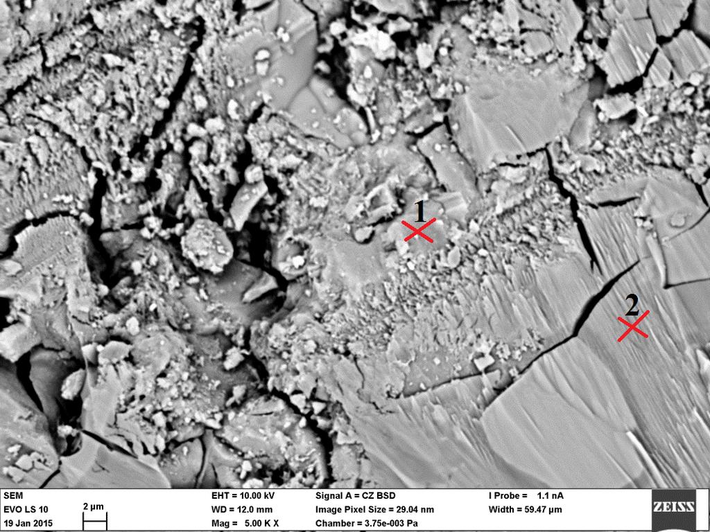 Obrázek 21: Zobrazení struktury vzorku s přídavkem 2,5 hm. % pyrofosforečnanu sodného Prvková analýza byla provedena vždy na dvou vybraných oblastech vzorku.
