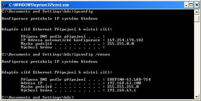 3 Obr. 2 Po zadání ipconfig /renew na PC-vpravo Obr.