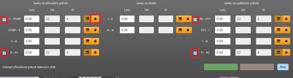 body I, II, III a IV v případě zadání obou typů zkratů B2-B1 a A1-A2). Pokud bychom požadovali, tak můžeme zadávat délku těchto trubek a stanovit i jejich talkové ztráty.