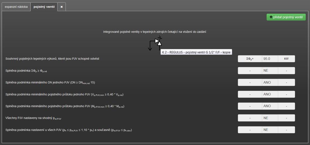 tepelném zdroji). Toto pak program signalizuje na záložce expanzní nádoba ikonou EN s informací, u jakého tepelného zdroje se EN nachází. Na podformulář EN může uživatel zadávat jakékoliv EN, tj.
