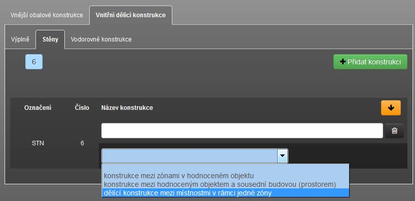 vnitřních dělících konstrukcí je navíc k dispozici volba: - dělící konstrukce mezi místnostmi v rámci jedné zóny.