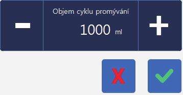 Objeví se okno Objem cyklu promývání. 2. Pomocí polí +/ snižte nebo zvyšte cílový objem promývání aktuálního cyklu promývání: 3.