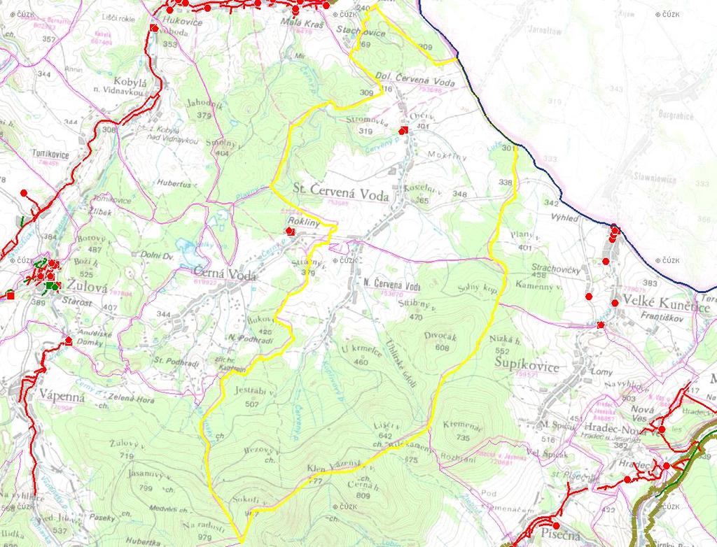 E. KANALIZACE A ČOV Mapa E1: Kanalizace - rozvody v obci Trasování sítí, lokalizace ČOV, čerpací stanice (ČS), výústě Obec: Stará Červená Voda Legenda: Kanalizace: Ochranné pásmo: Vyústění: do 2015