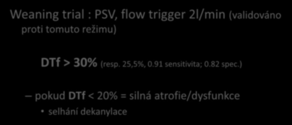 Měření tloušťky bránice-dtf Weaning trial : PSV, flow trigger 2l/min (validováno proti tomuto režimu) DTf >