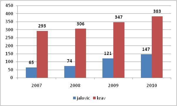 Vývoj početních stavů krav a jalovic v