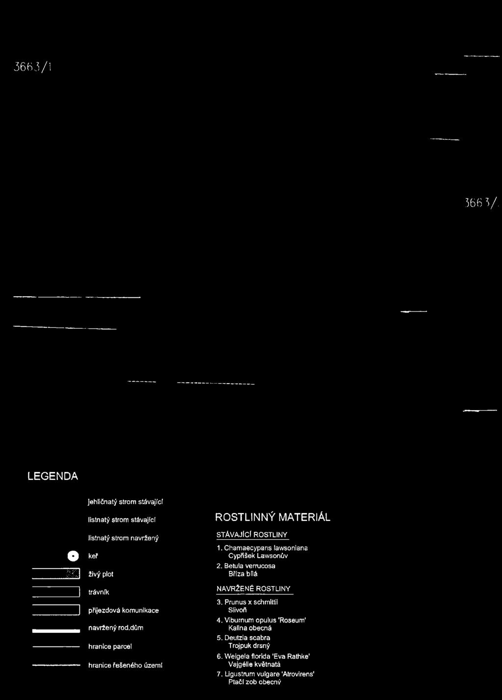 3663/1 366 3/. LEGENDA jehličnatý strom stávající listnatý strom stávající listnatý strom navržený 0 keř Z3 živý plot ~ trávník J příjezdová komunikace navržený rod.