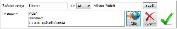 d) Poslední sekce se vztahuje k destinacím. Opět jsou předvyplněné hodnoty z nastavení uživatele a ke správnému dokončení operace zbývá doplnit cílové město.
