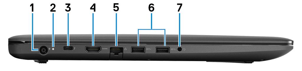 Pohledy na počítač Dell G3 3579 3 Vlevo 1 Port napájecího adaptéru Slouží k připojení napájecího adaptéru jako zdroje napájení a k nabíjení baterie.