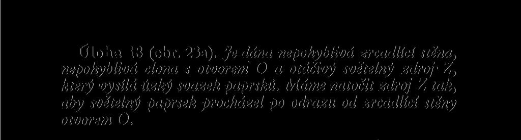 Máme natočit zdroj Z tak, aby světelný paprsek procházel po odrazu od zrcadlící stěny otvorem O. Řešení.