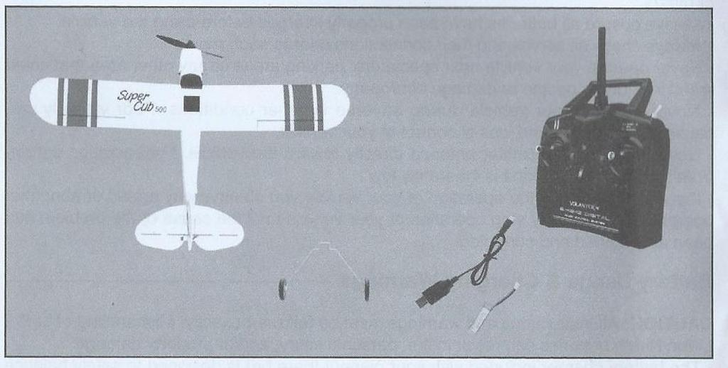 Doba sestavení: méně než 5 minut Obsah balení RC letadlo Super Cub 500 Vysílačka 2.4GHz 4CH Baterie USB nabíjecí kabel.