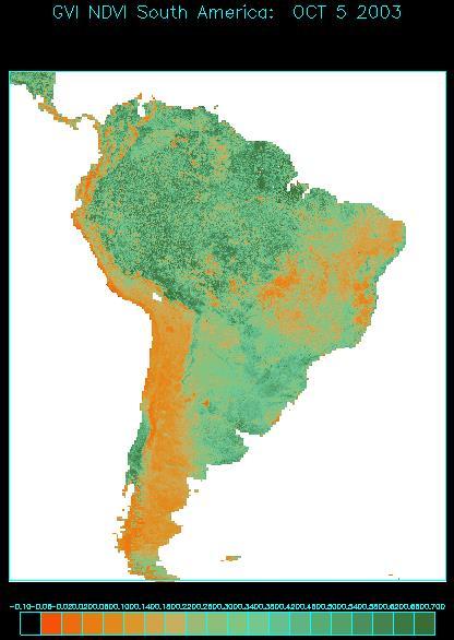 Jižní Amerika - NDVI Hodnoty od -0,1 do +0,703 NDVI < 0 - vodní plochy, mraky, déšť,
