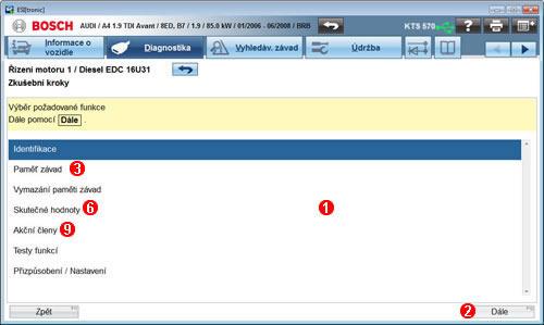 Diagnostika Výběr funkce "Výběr funkce" umožňuje analýzu a/anebo změnu vybrané řídicí jednotky.
