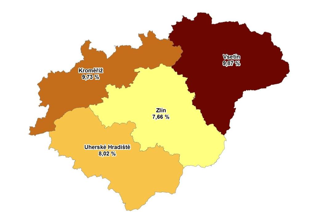 MAPA Podíl nezaměstnaných v okresech Zlínského kraje