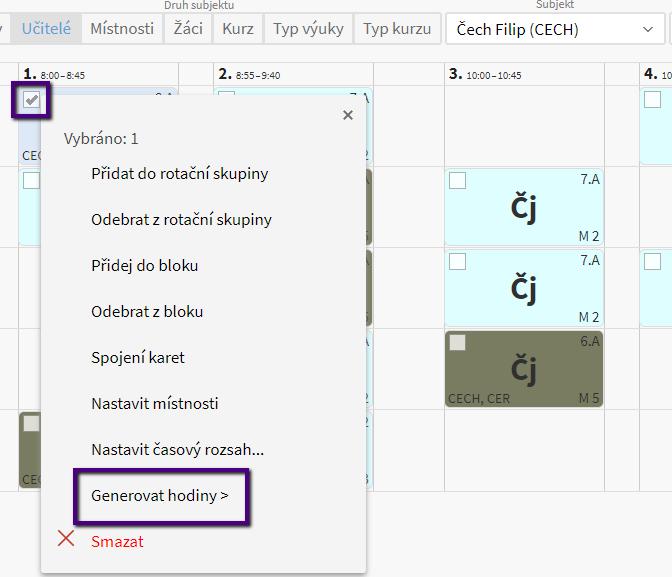 Zobrazení změny do aktuálního rozvrhu: Změnu učitele je nutné přegenerovat. Zakliknete si změněné pl. karty, zadáte Volby - Generovat hodiny.