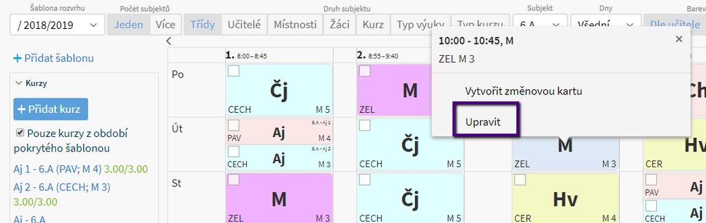 Vygenerovanou změnu si můžete zkontrolovat přes rozvrh na Hlavním panelu, kde si zobrazíte rozvrh konkrétních učitelů. 3.