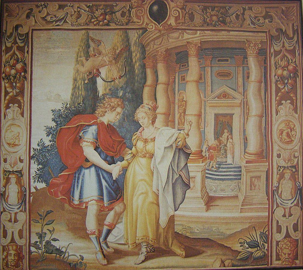 Héró a Leandros Bratislava, klasicistní Primaciální palác, soubor šesti tapisérií (kolem roku 1630, Anglie) Verze v MythVat I se