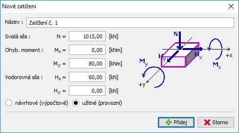 Poté v rámu Zatížení pro výpočet sedání osamělé piloty definujeme užitné (provozní) zatížení. Kliknutím na tlačítko Přidat přidáme nové zatížení dle obrázku.