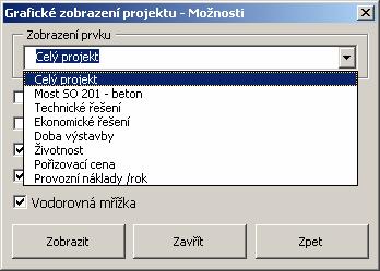 41 Volby pro Grafické zobrazení projektu. Obr. 42 Výběr uzlu pro funkci Grafické zobrazení projektu. U jednotlivých grafů je možné volitelně zobrazovat popisy a mřížky grafů.