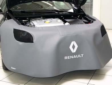 Sítotisk loga RENAULT podporuje image dílny. Sí ová tkanina v předním potahu pro RENAULT/DACIA pokrývá reflektory a spolehlivě zabrání poškození akumulací tepla.