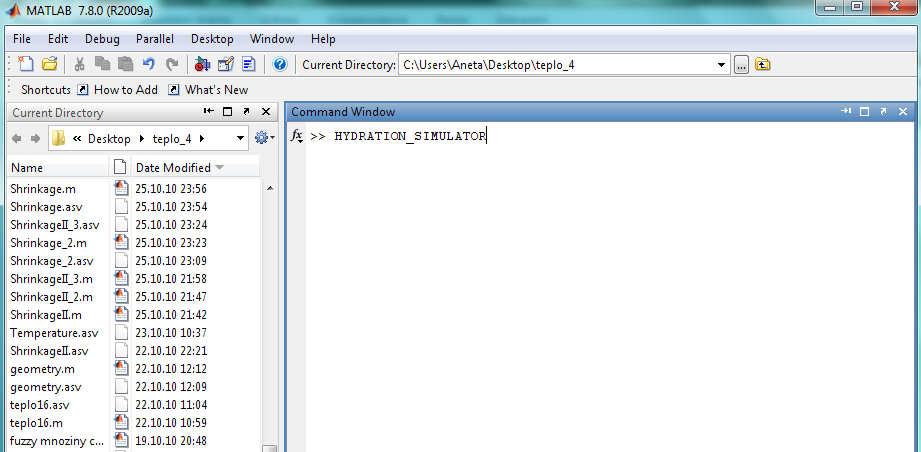 Obr. A.2: Spuštění HYDRATION SIMULATOR v příkazovém okně Matlabu A.