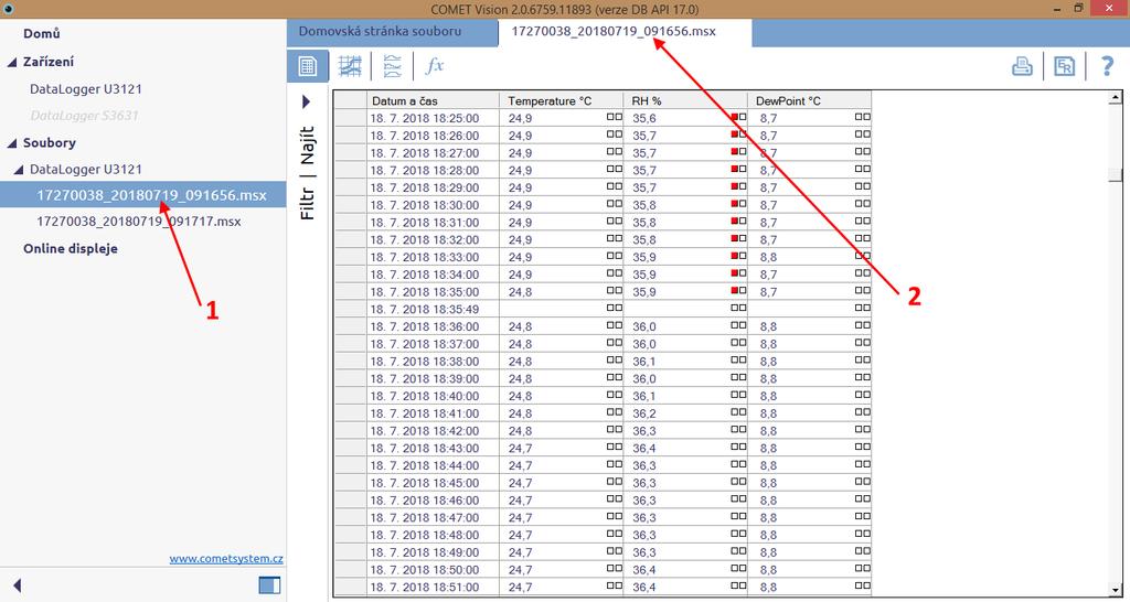 5.3 Prezentace dat Po stažení nebo otevření souboru (bylo vysvětleno v předchozích kapitolách) lze data prohlížet a tisknout. Program prezentuje data tabulkou, grafy nebo statistikou.