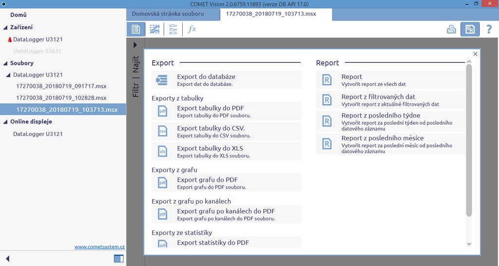 Obr. 16 5.4 Export a Report Data ze záznamu lze exportovat do databáze, exportovat do XLS, CSV nebo PDF souboru nebo vytvářet reporty.